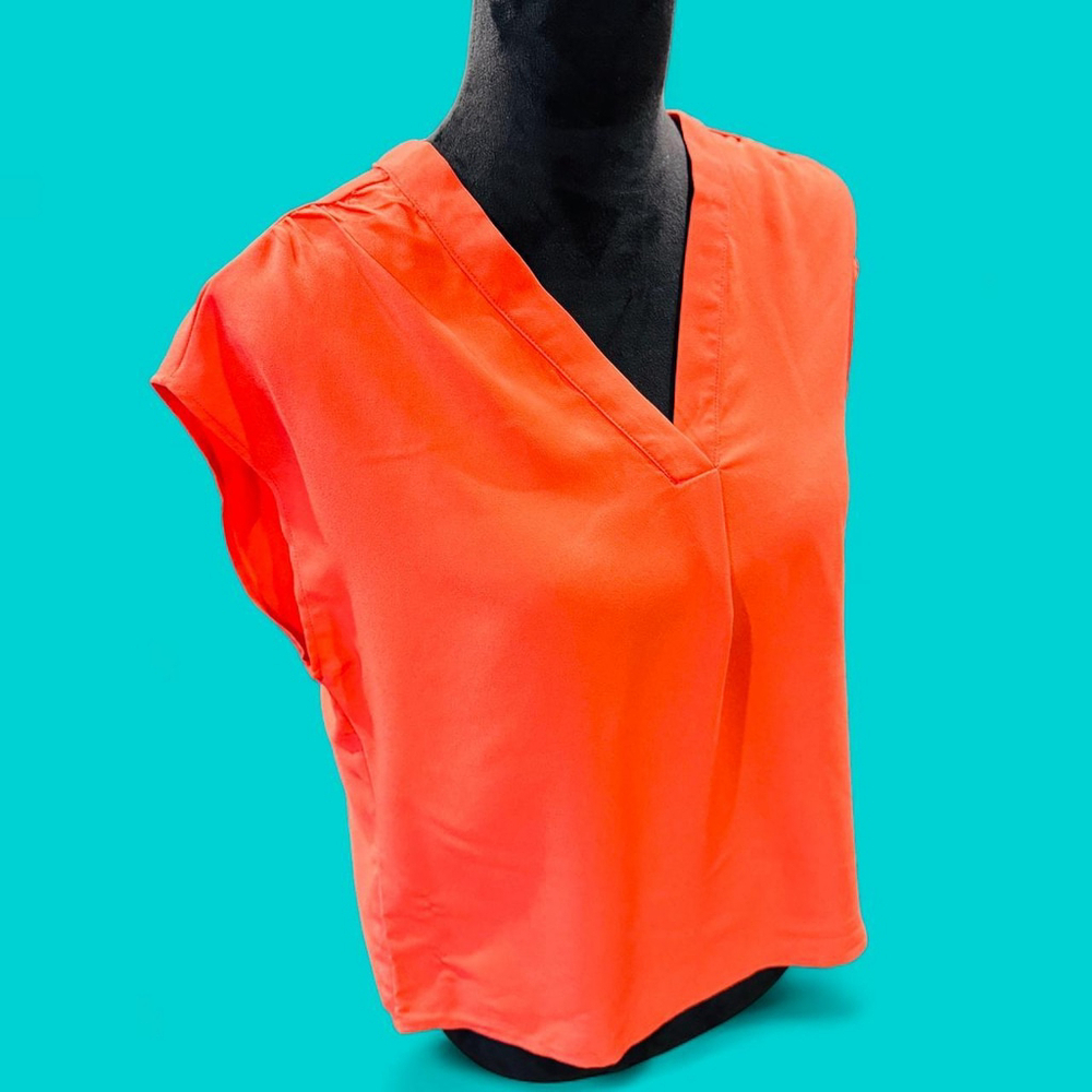 Organza Orange V-Neck Solid Blouse XS